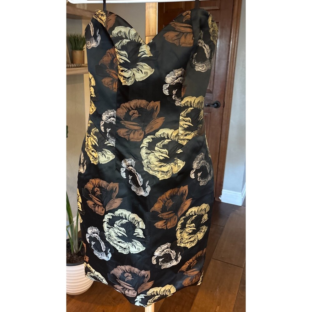 Jovani Strapless Sweetheart Mini Dress 8 Black Floral Jacquard Cocktail Formal
